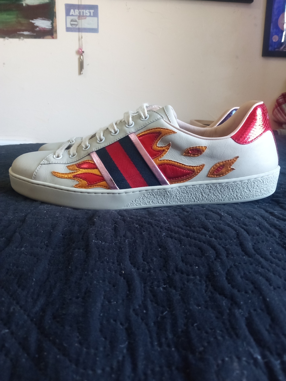 Gucci Leather Flame Accent Sneaker with Red and Gold Details Mens UK 9 US 10